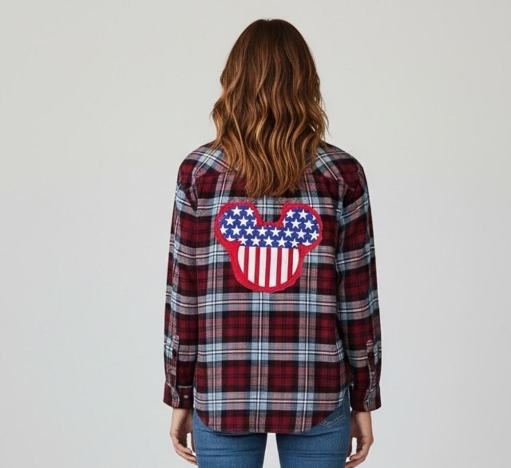 Maurices Women’s Large Upcycled Plaid Flannel Patriotic Mouse Patch Shirt